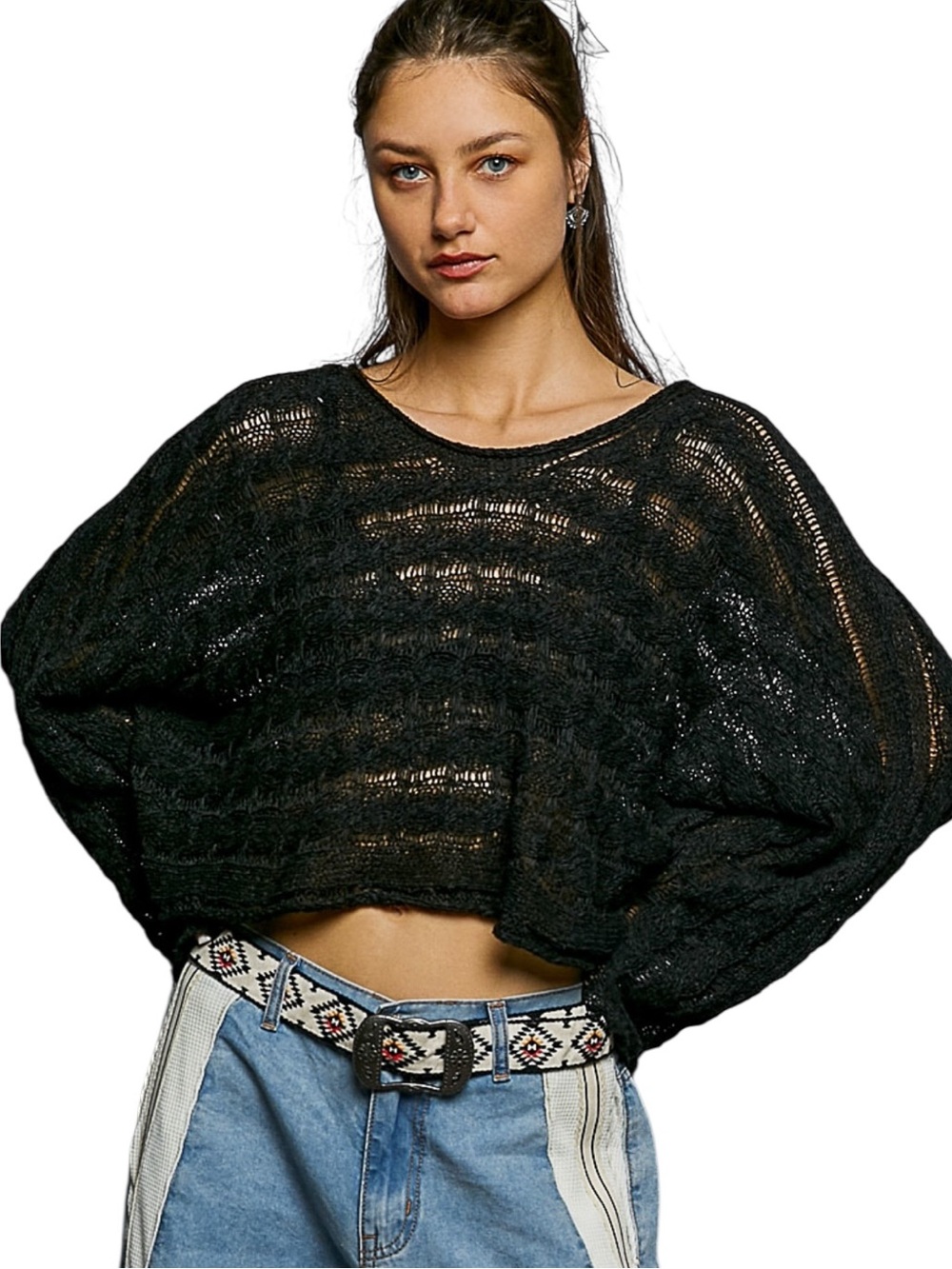 POL Black Round Neck Bell Sleeve Knit Top